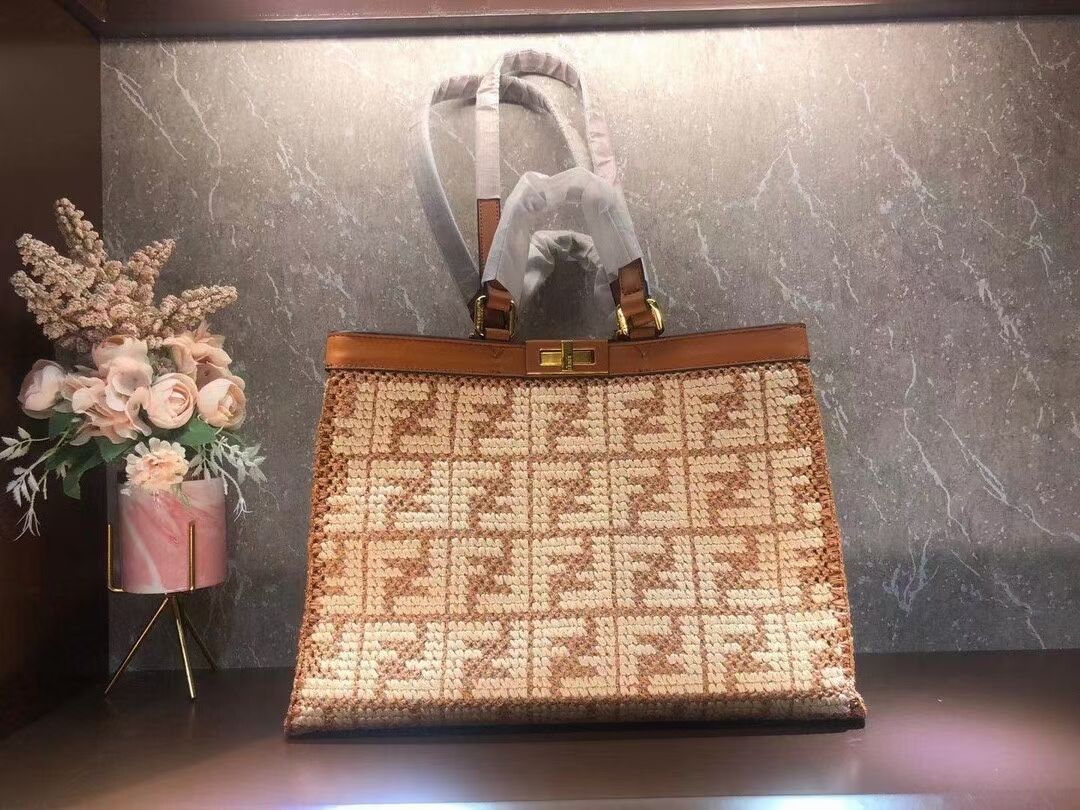 FENDI PEEKABOO X-TOTE FF raffia bag 8BH374A light brown