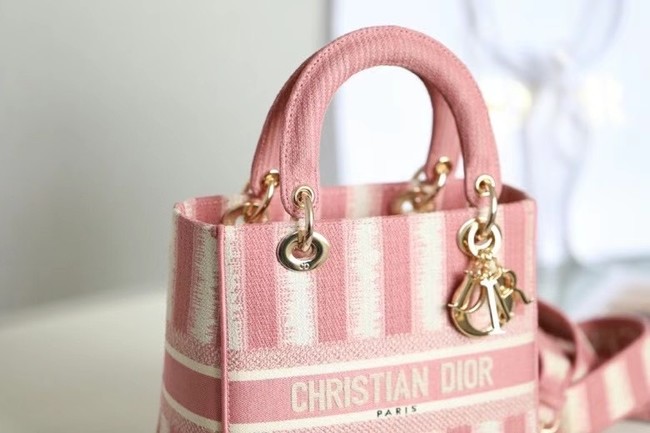 DIOR MEDIUM LADY D-LITE BAG Pink D-Stripes Embroidery M0565