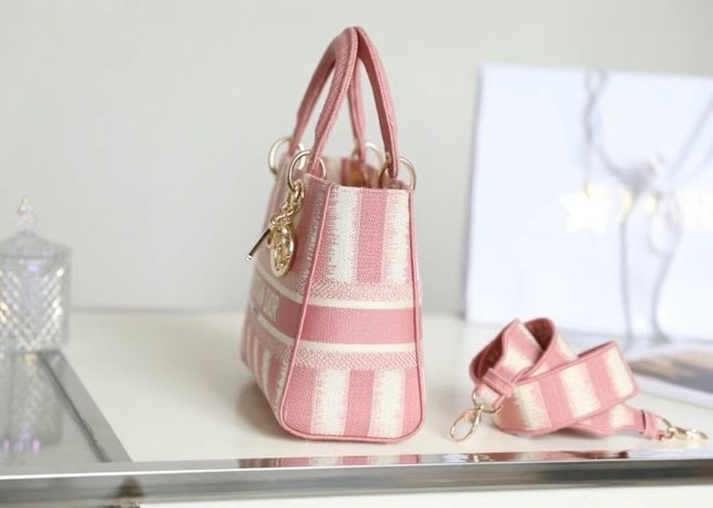 DIOR MEDIUM LADY D-LITE BAG Pink D-Stripes Embroidery M0565