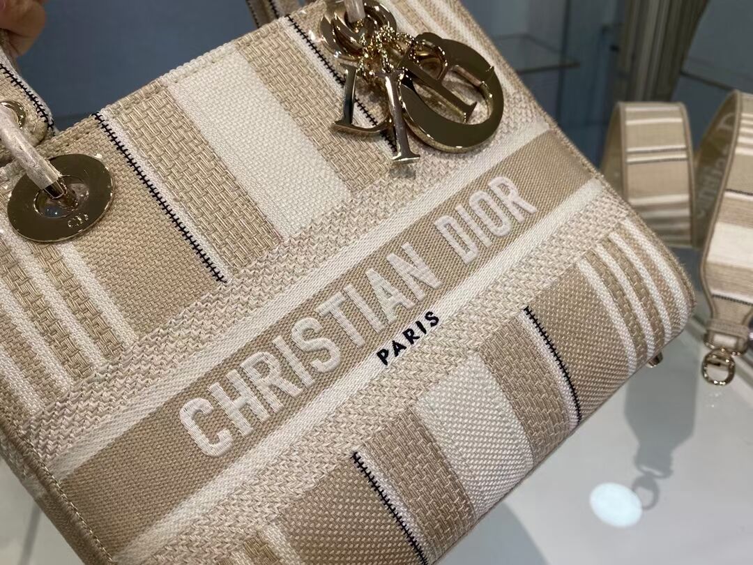 DIOR MEDIUM LADY D-LITE BAG Beige Stripes Embroidery M0565O