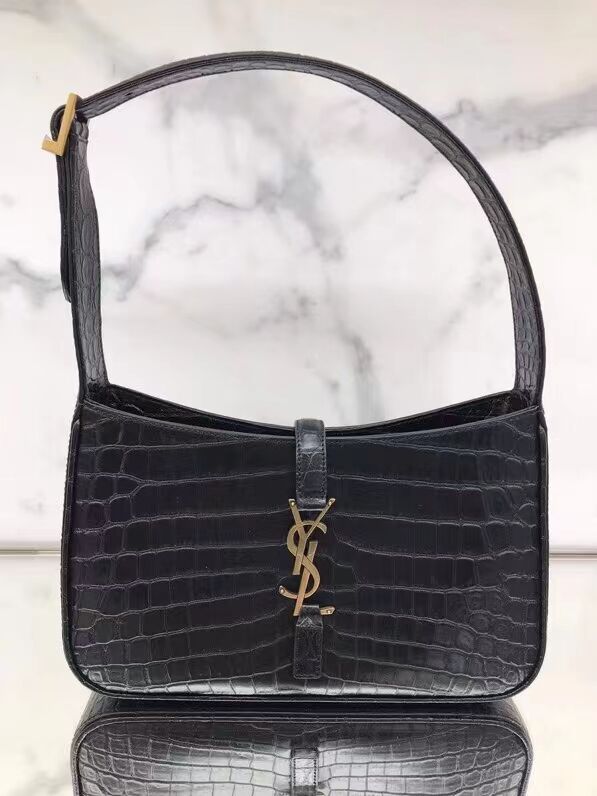 YSL LE 5 A 7 HOBO BAG IN CROCODILE-EMBOSSED SHINY LEATHER Y687228 black