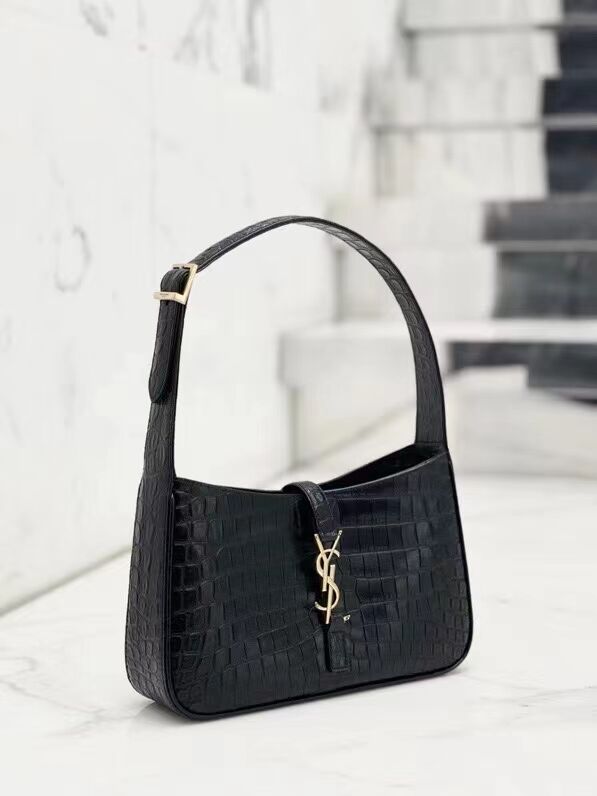 YSL LE 5 A 7 HOBO BAG IN CROCODILE-EMBOSSED SHINY LEATHER Y687228 black