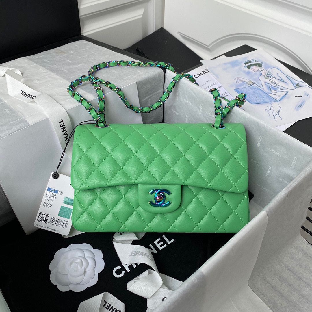 Chanel Classic Flap Shoulder Bag Original Sheepskin leather Colors Buckle Medium A01113 Green&Blue