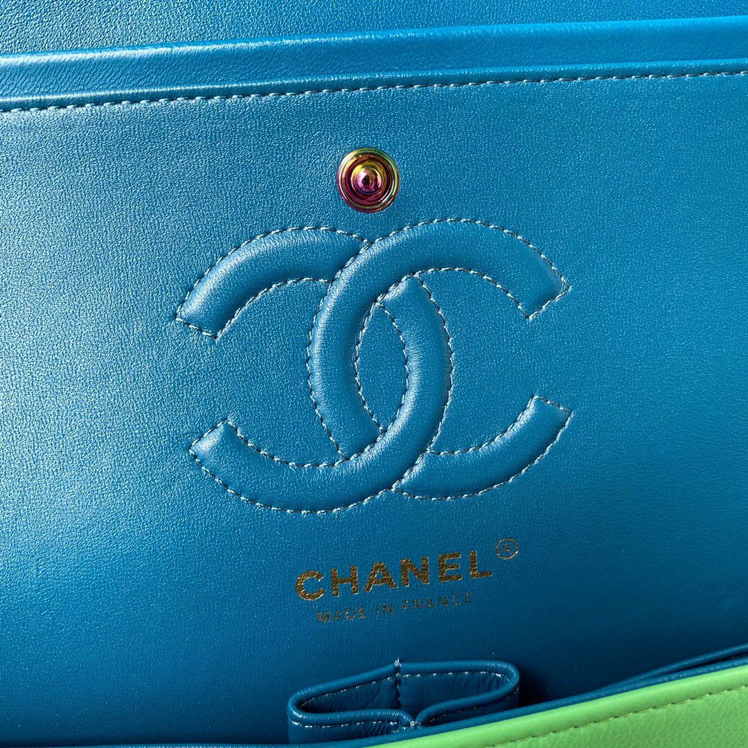 Chanel Classic Flap Shoulder Bag Original Sheepskin leather Colors Buckle Medium A01113 Green&Blue