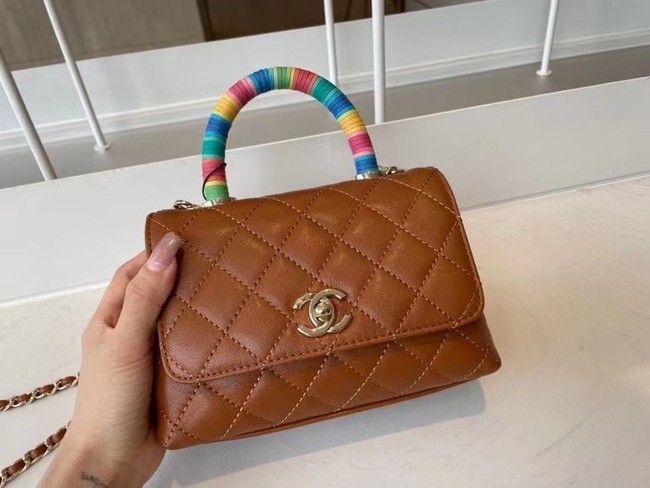 chanel mini flap bag with top handle AS2215 brown