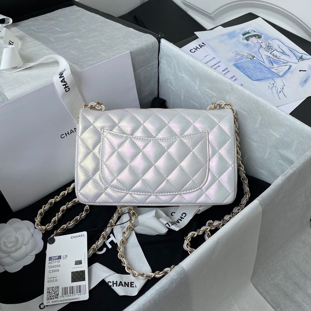 chanel flap bag Iridescent Calfskin & Light Gold-Tone AS1116 Pearl White