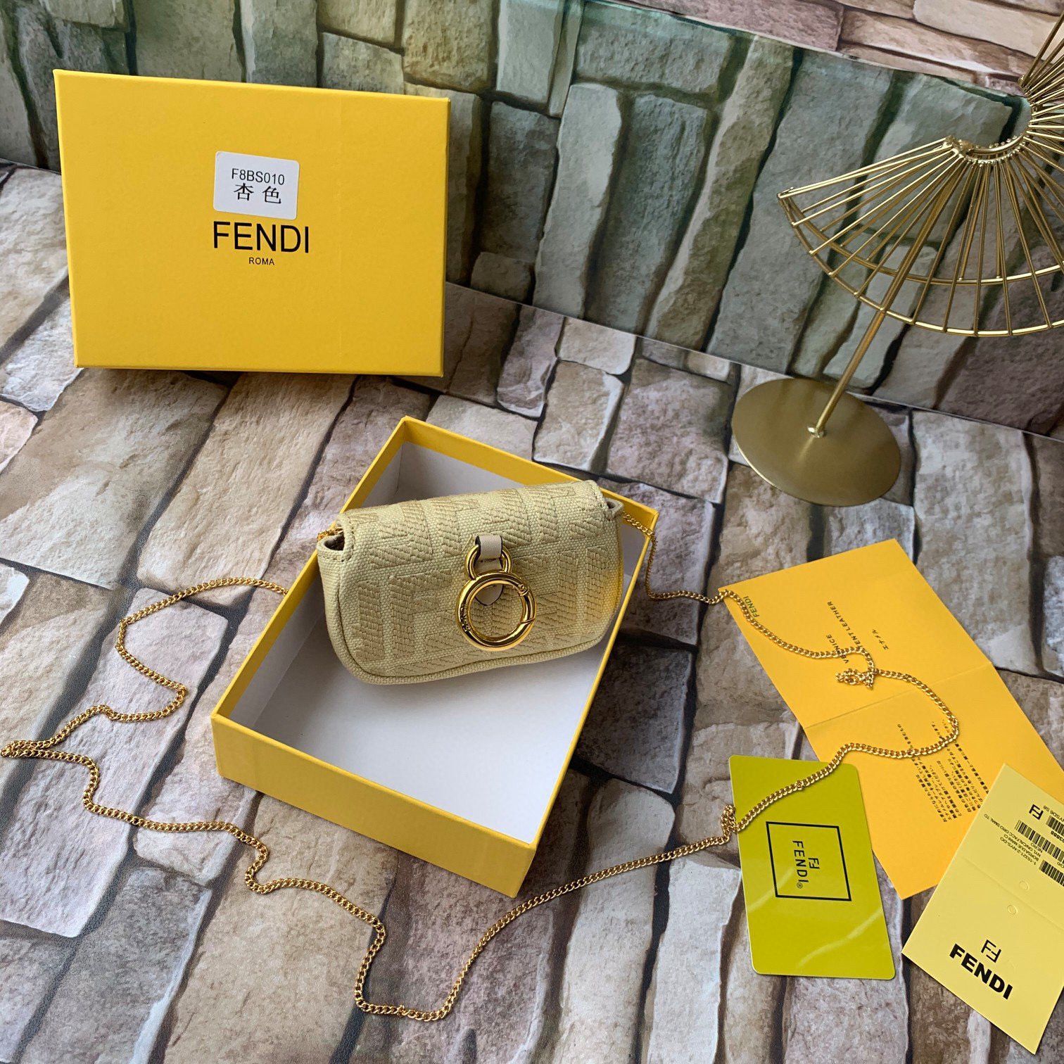 FENDI NANO BAGUETTE CHARM Nappa lcanvas Bag 7AR844 Yellow