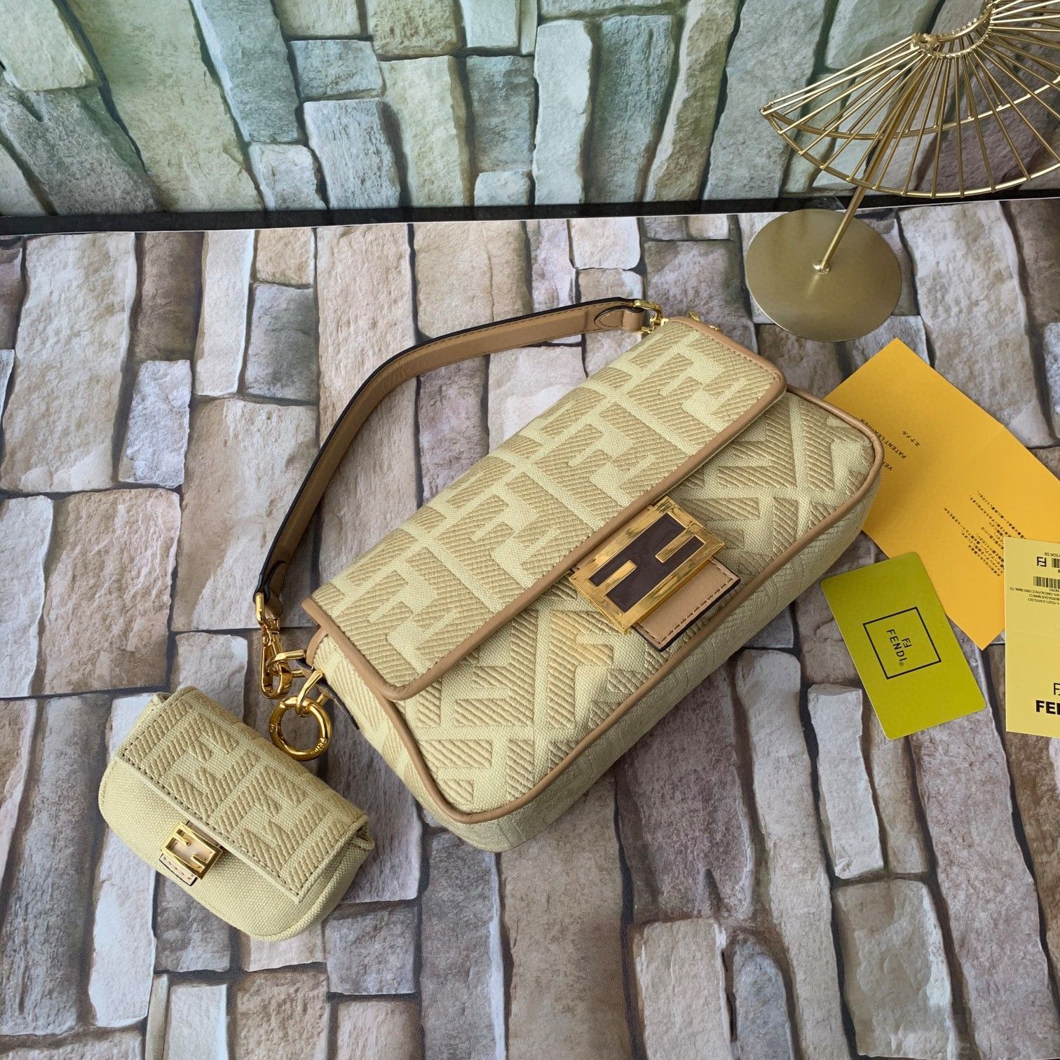 FENDI NANO BAGUETTE CHARM Nappa lcanvas Bag 7AR844 Yellow