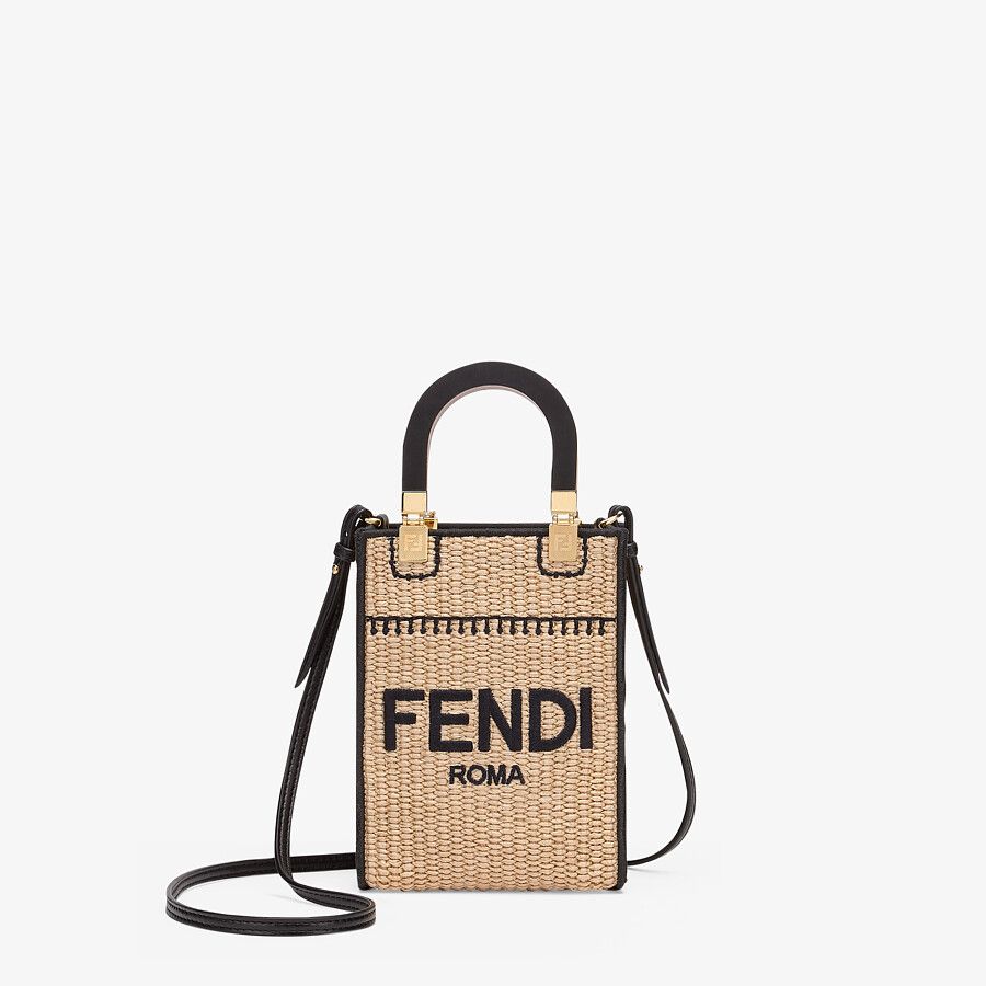 FENDI MINI SUNSHINE SHOPPER Braided straw mini-bag 8BS051 apricot