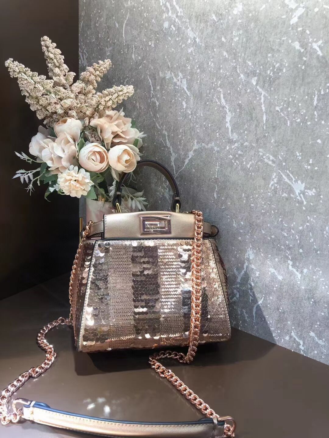 FENDI PEEKABOO ICONIC MINI Beads bag F1359 rose gold