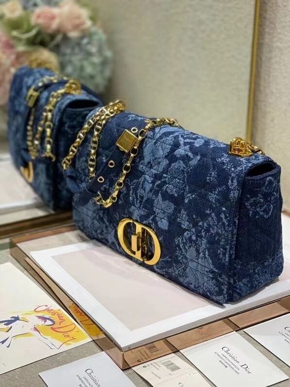 LARGE DIOR CARO BAG Blue Dior Flowers Cannage Denim M9243UJ