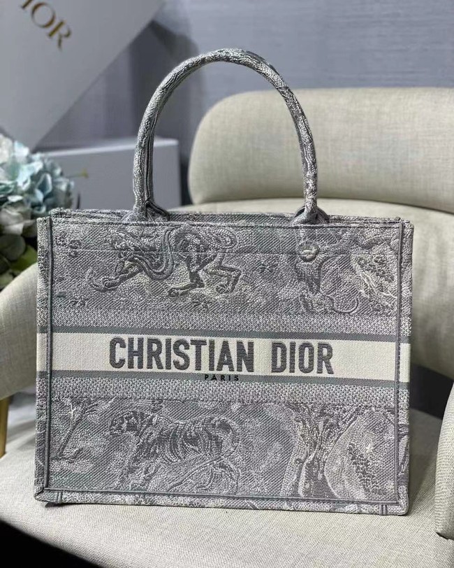 SMALL DIOR BOOK TOTE grey Toile de Jouy Reverse Embroidery M1296Z