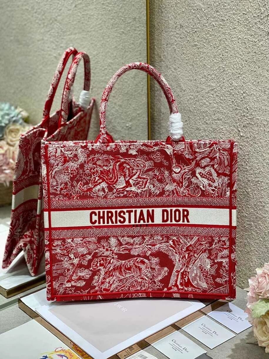 DIOR BOOK TOTE Raspberry Toile de Jouy Reverse Embroidery M1286ZR RED