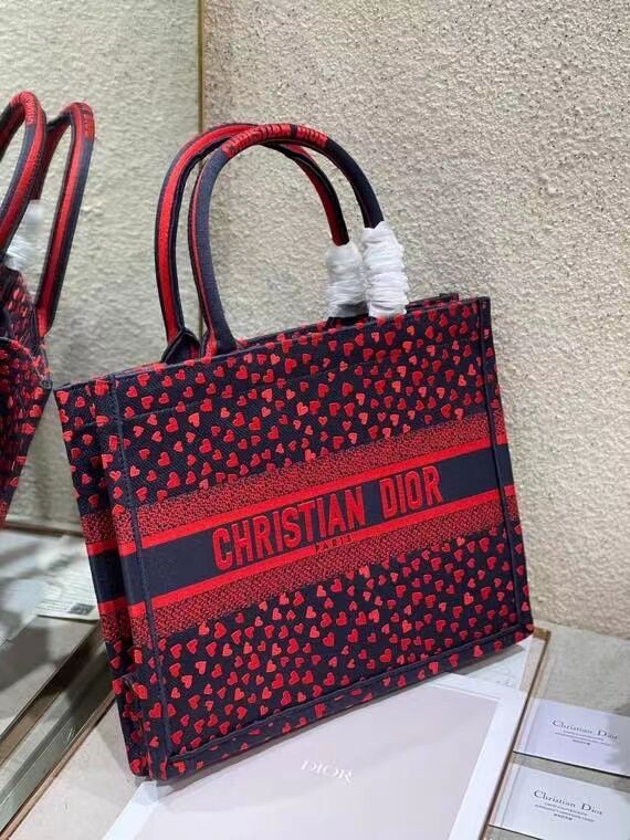 SMALL DIOR BOOK TOTE Navy Blue I Love Paris and Red Hearts Embroidery M1296ZRG