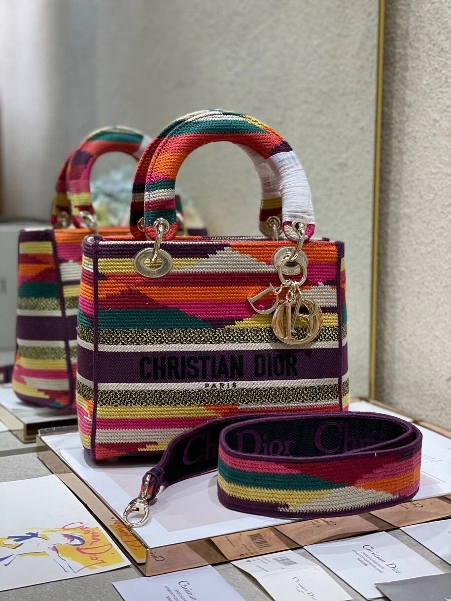 MEDIUM LADY D-LITE BAG Multicolor D-Stripes Embroidery M0565O