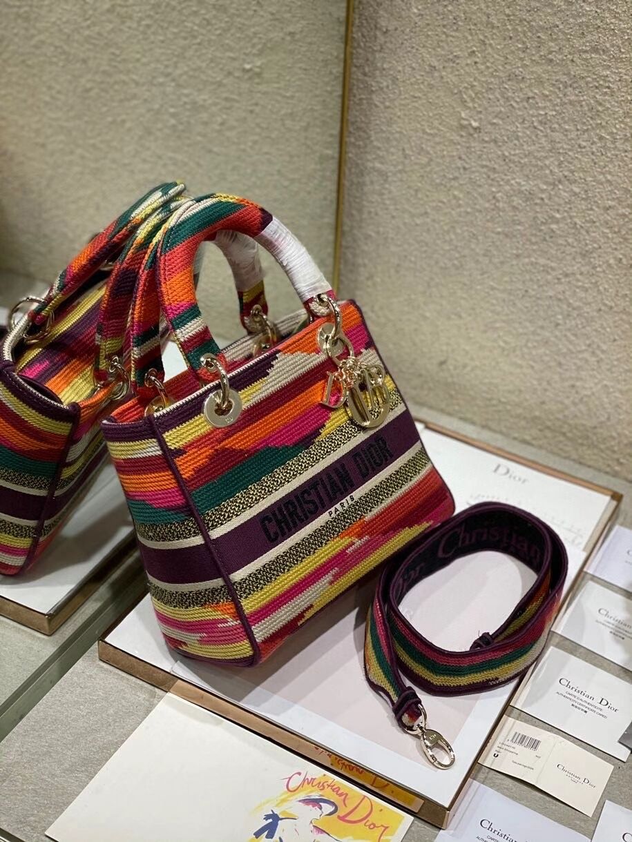 MEDIUM LADY D-LITE BAG Multicolor D-Stripes Embroidery M0565O