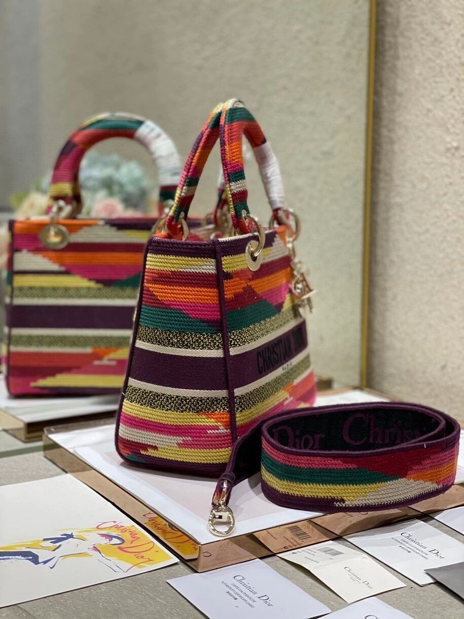 MEDIUM LADY D-LITE BAG Multicolor D-Stripes Embroidery M0565O