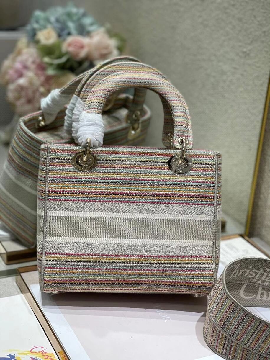 MEDIUM LADY D-LITE BAG Multicolor Stripes Embroidery M0565ORFO