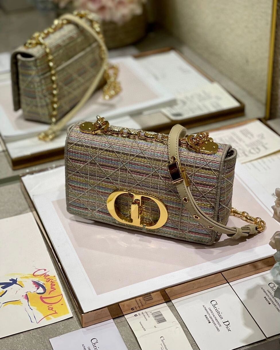 SMALL DIOR CARO BAG Multicolor Striped Embroidery M9241