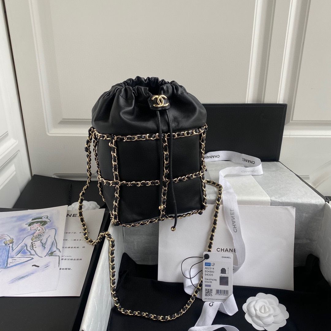 Chanel Drawstring Bag Lambskin & Gold Metal AS2314 AS2313 Black