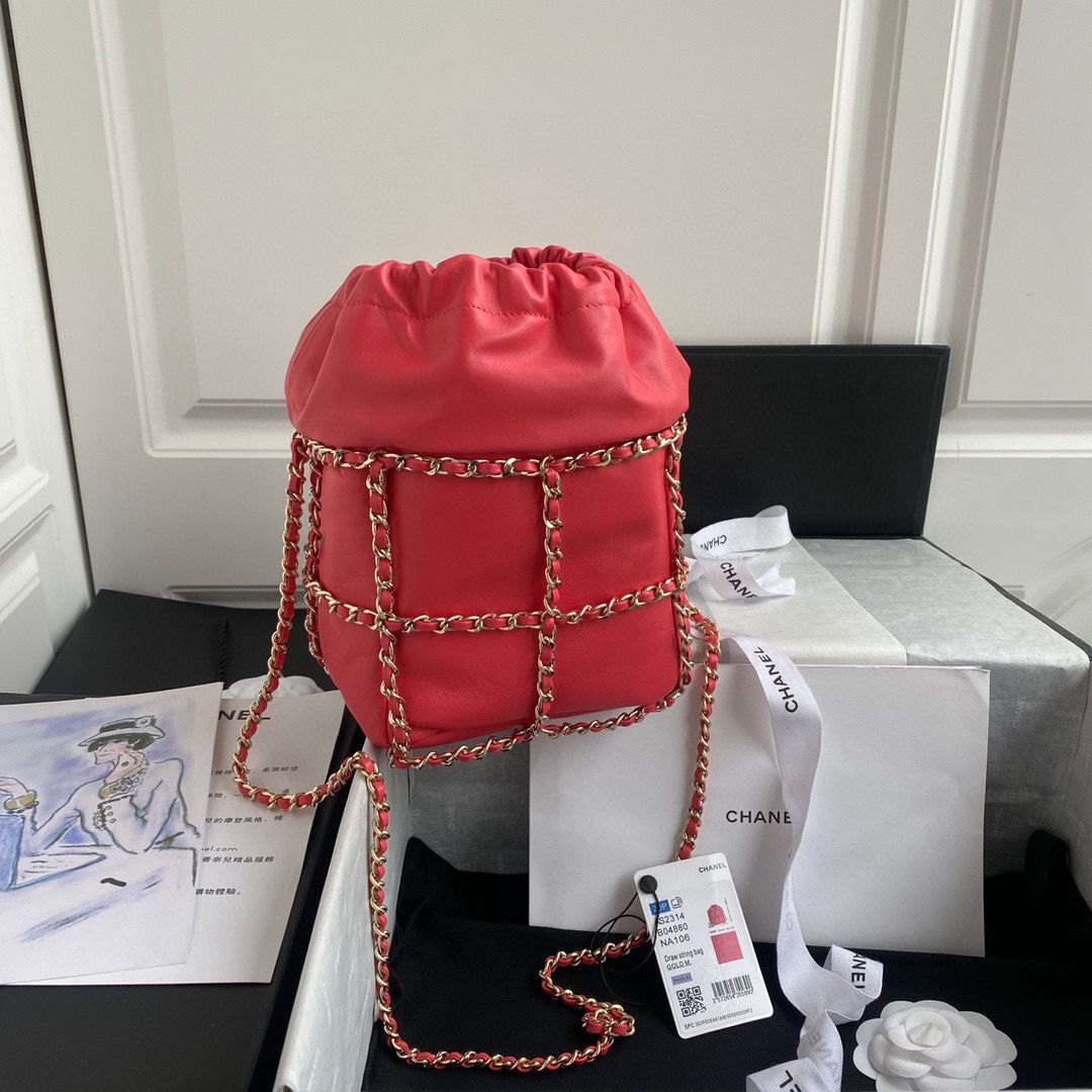 Chanel Drawstring Bag Lambskin & Gold Metal AS2314 AS2313 Red