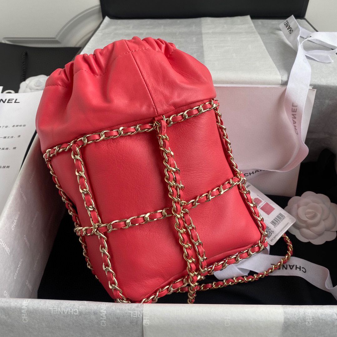 Chanel Drawstring Bag Lambskin & Gold Metal AS2314 AS2313 Red