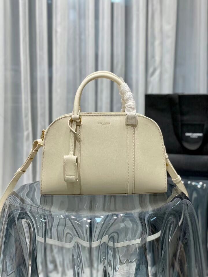 YSL CASSANDRA MEDIUM TOP HANDLE BAG IN GRAIN DE POUDRE EMBOSSED LEATHER Y305454 cream