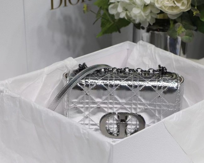 SMALL DIOR CARO BAG Silver-Tone Dior Spatial Crinkled Metallic Calfskin M9241B