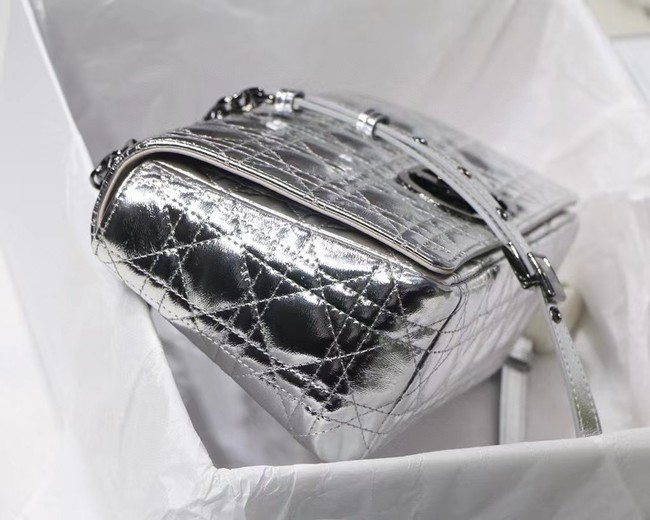 MEDIUM DIOR CARO BAG Silver-Tone Dior Spatial Crinkled Metallic Calfskin M9242B