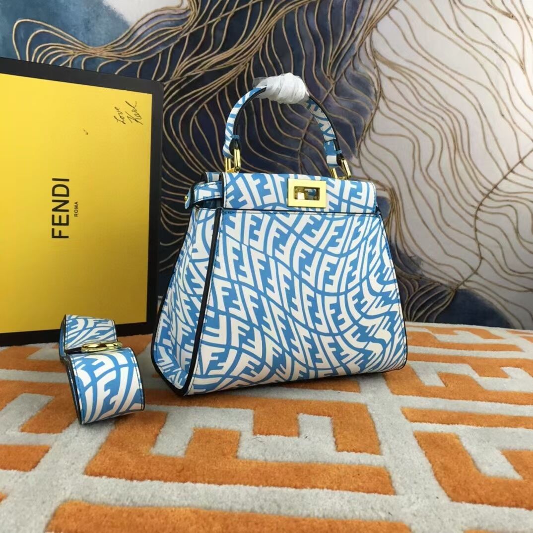 Fendi PEEKABOO MINI blue and white FF Vertigo leather bag 8BN244AG