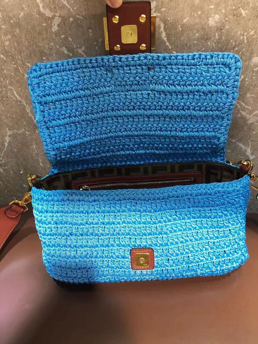 Fendi BAGUETTE Blue cotton crochet bag 8BR600