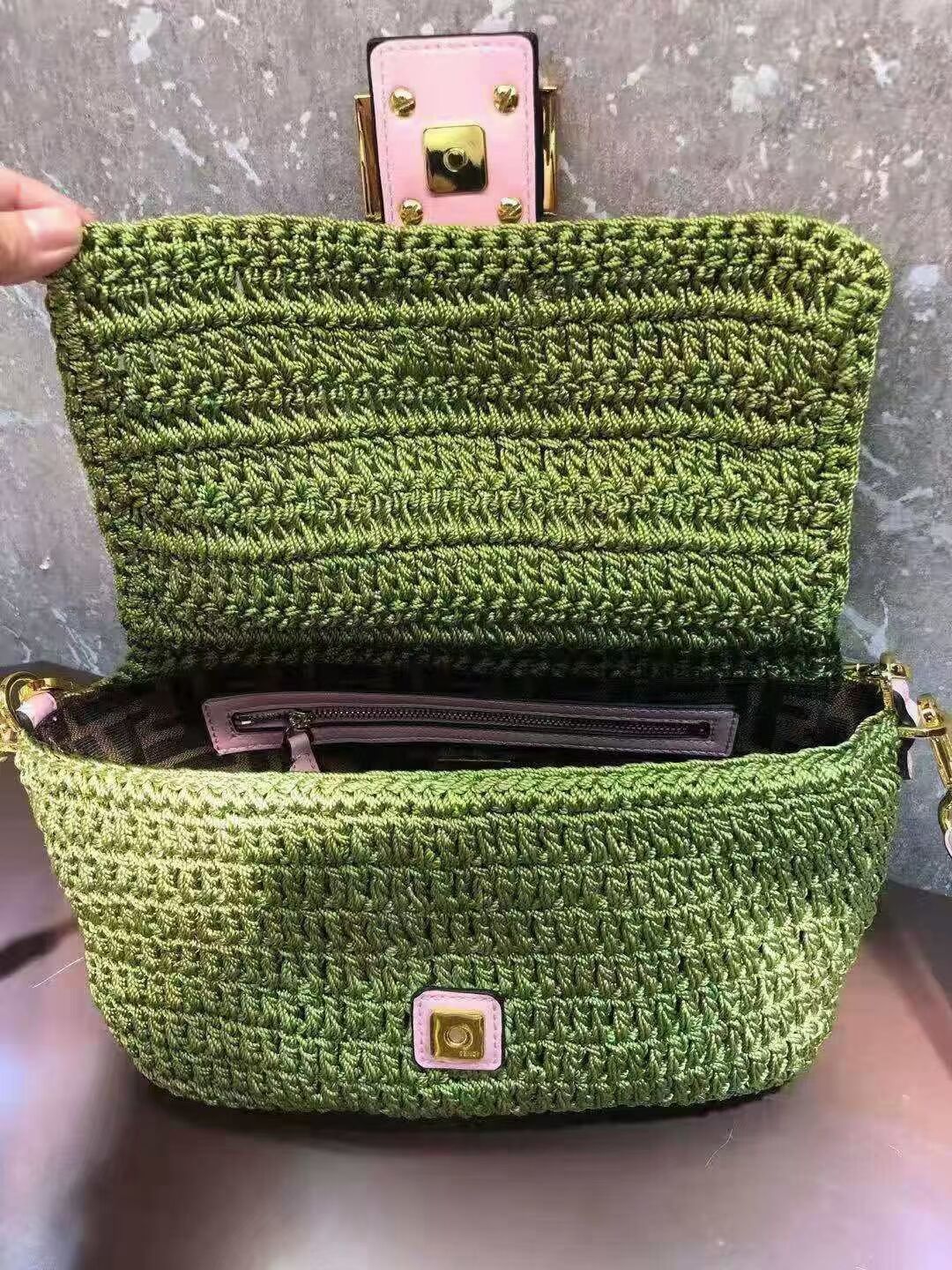 Fendi BAGUETTE green cotton crochet bag 8BR600