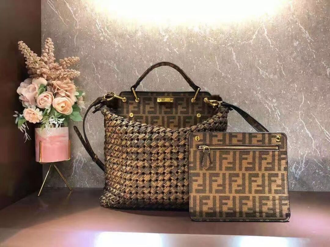 Fendi PEEKABOO X-LITE LARGE Brown cotton bag 8BN304A