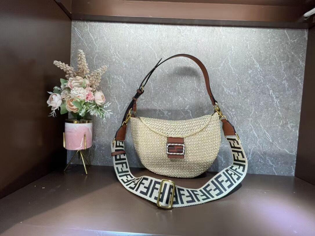 FENDI SMALL CROISSANT Woven straw bag 8BR790AFG