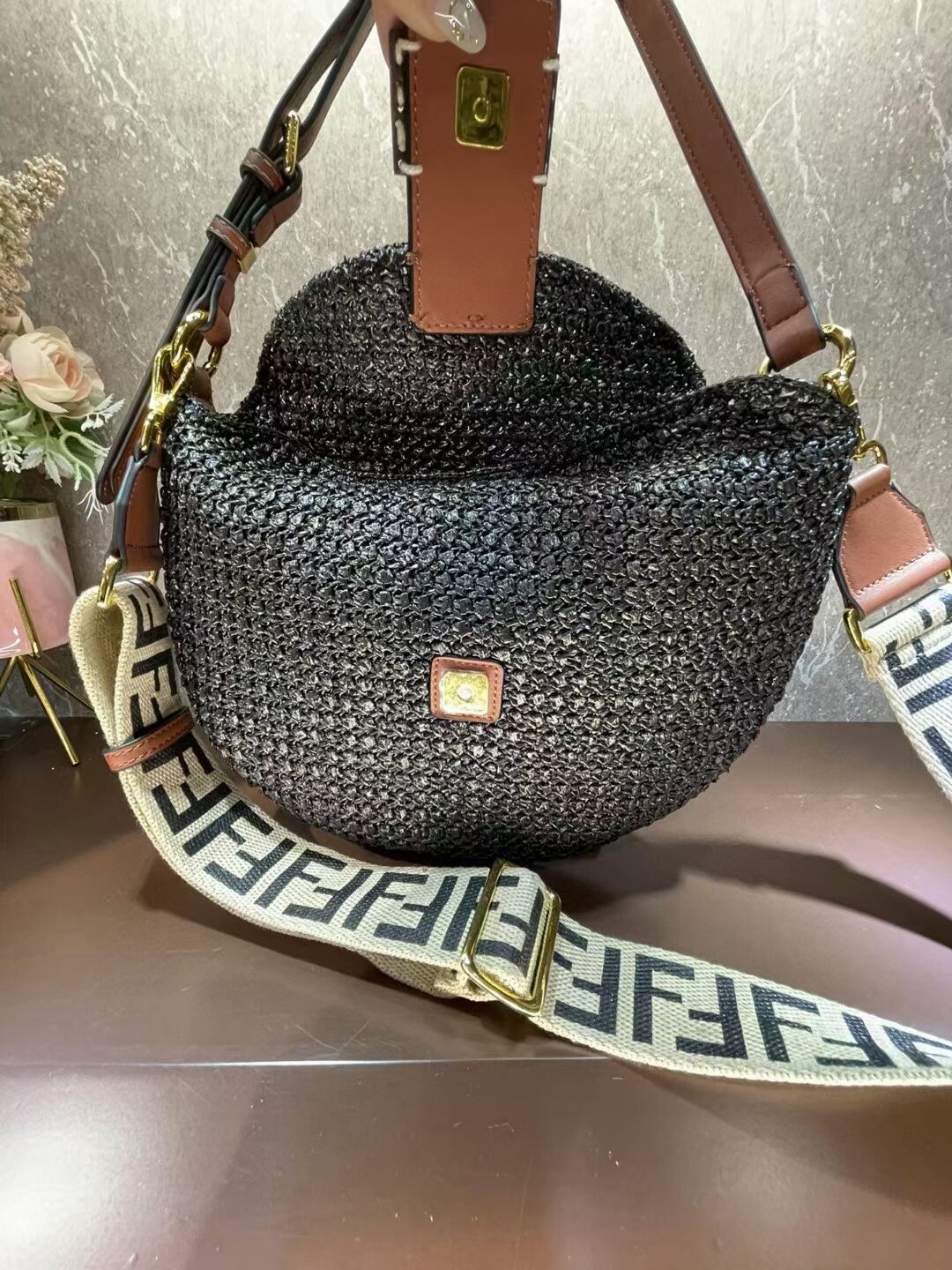 FENDI SMALL CROISSANT Woven straw bag 8BR790AFG black