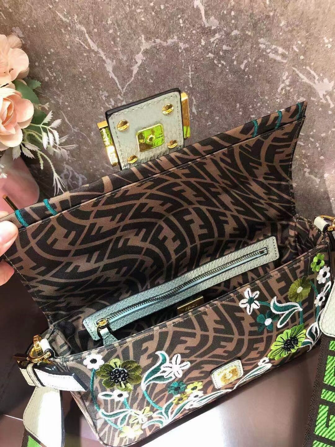 FENDI BAGUETTE 1997 FF Vertigo jacquard bag with embroidery 8BR792 green