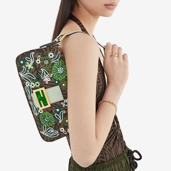 FENDI BAGUETTE 1997 FF Vertigo jacquard bag with embroidery 8BR792 green