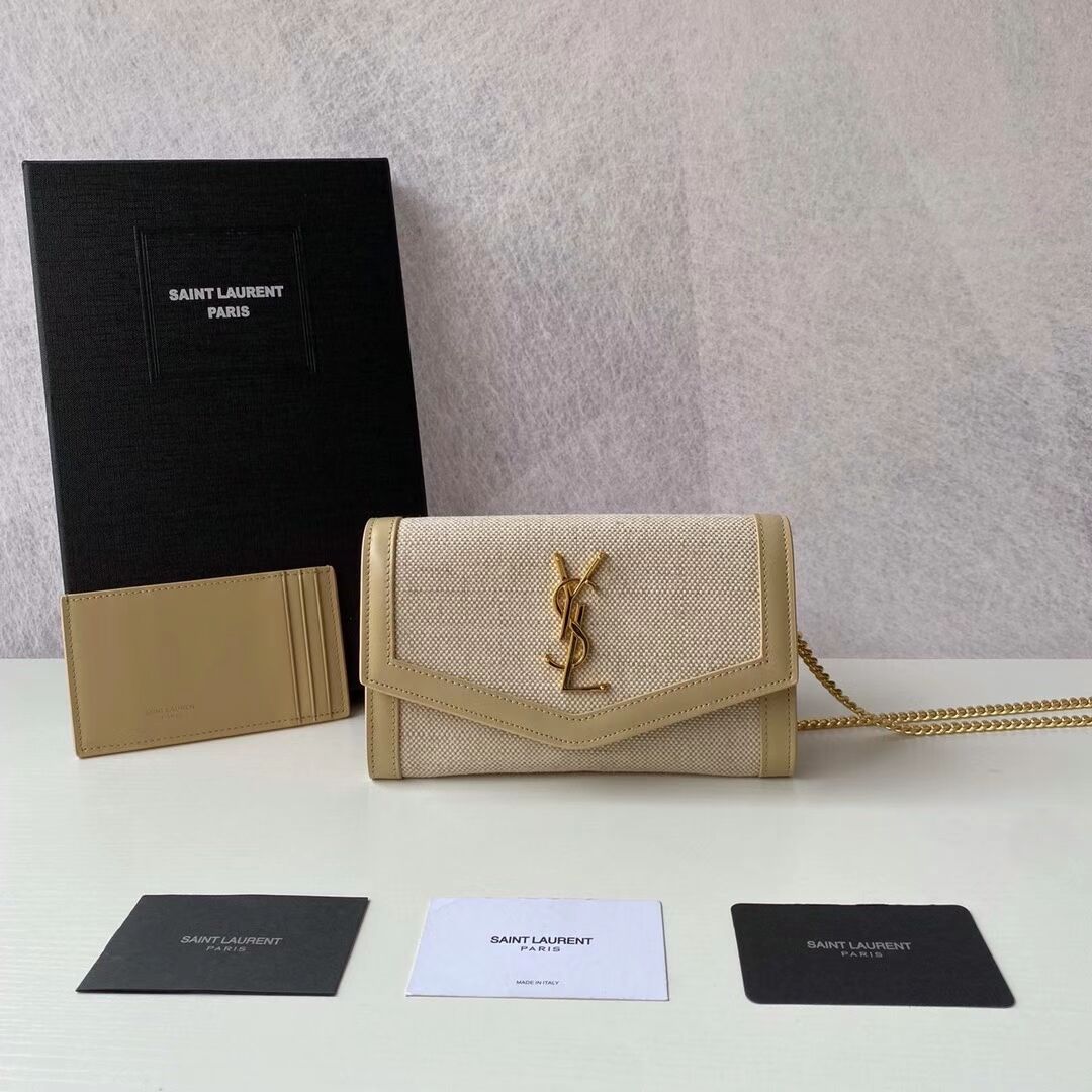 Yves Saint Laurent UPTOWN CHAIN WALLET IN MICRO RAFFIA Y622055 NATURAL BEIGE