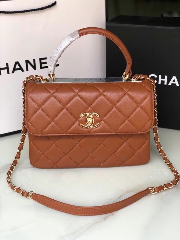 Chanel original lambskin top handle flap bag AS92236 brown&Gold-Tone Metal