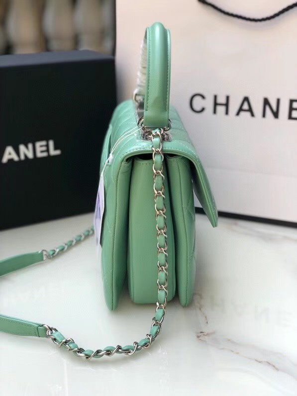 Chanel original lambskin top handle flap bag AS92236 light green&silver-Tone Metal