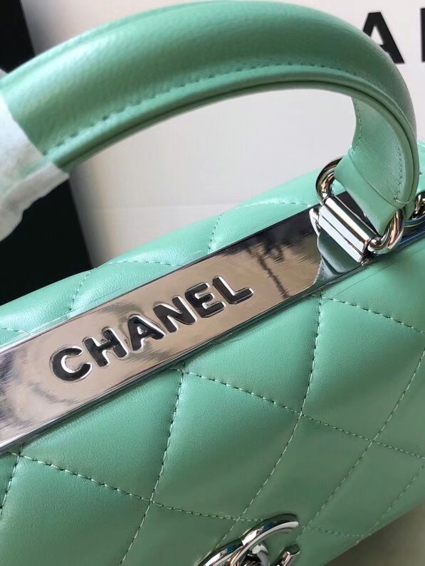 Chanel original lambskin top handle flap bag AS92236 light green&silver-Tone Metal