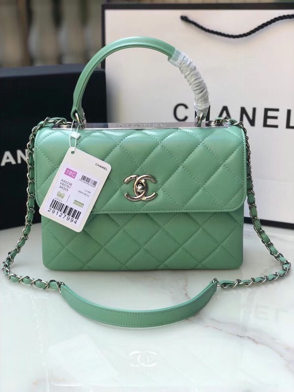 Chanel original lambskin top handle flap bag AS92236 light green&silver-Tone Metal