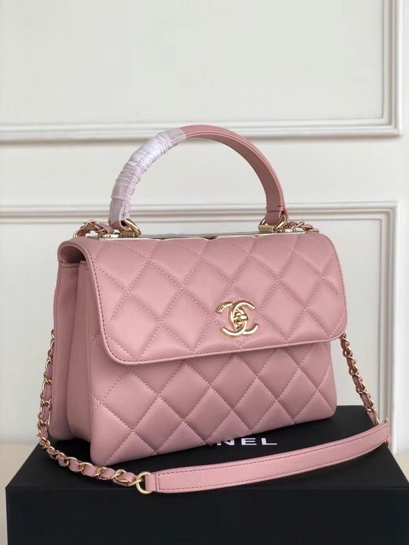 Chanel original lambskin top handle flap bag AS92236 pink&Gold-Tone Metal