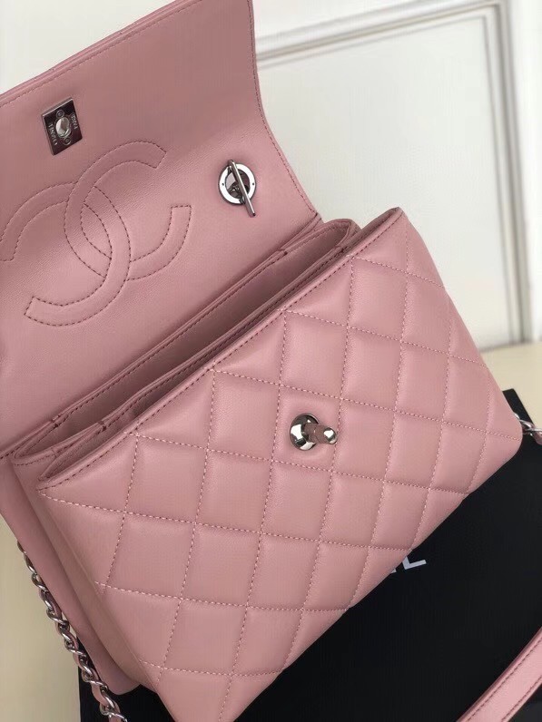 Chanel original lambskin top handle flap bag AS92236 pink&silver-Tone Metal