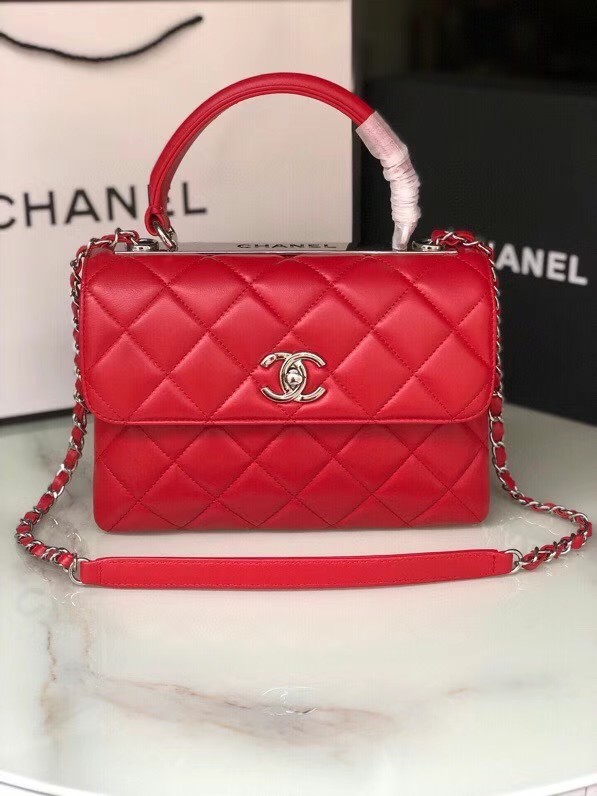 Chanel original lambskin top handle flap bag AS92236 red&silver-Tone Metal