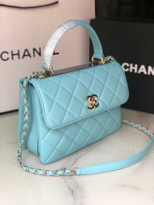 Chanel original lambskin top handle flap bag AS92236 sky blue&Gold-Tone Metal