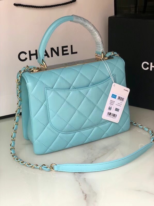 Chanel original lambskin top handle flap bag AS92236 sky blue&Gold-Tone Metal