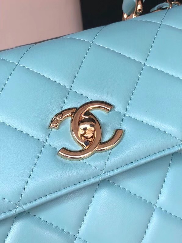 Chanel original lambskin top handle flap bag AS92236 sky blue&Gold-Tone Metal