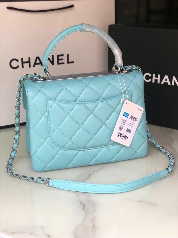 Chanel original lambskin top handle flap bag AS92236 sky blue&silver-Tone Metal