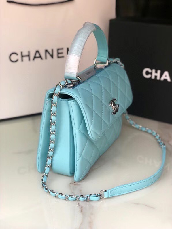 Chanel original lambskin top handle flap bag AS92236 sky blue&silver-Tone Metal